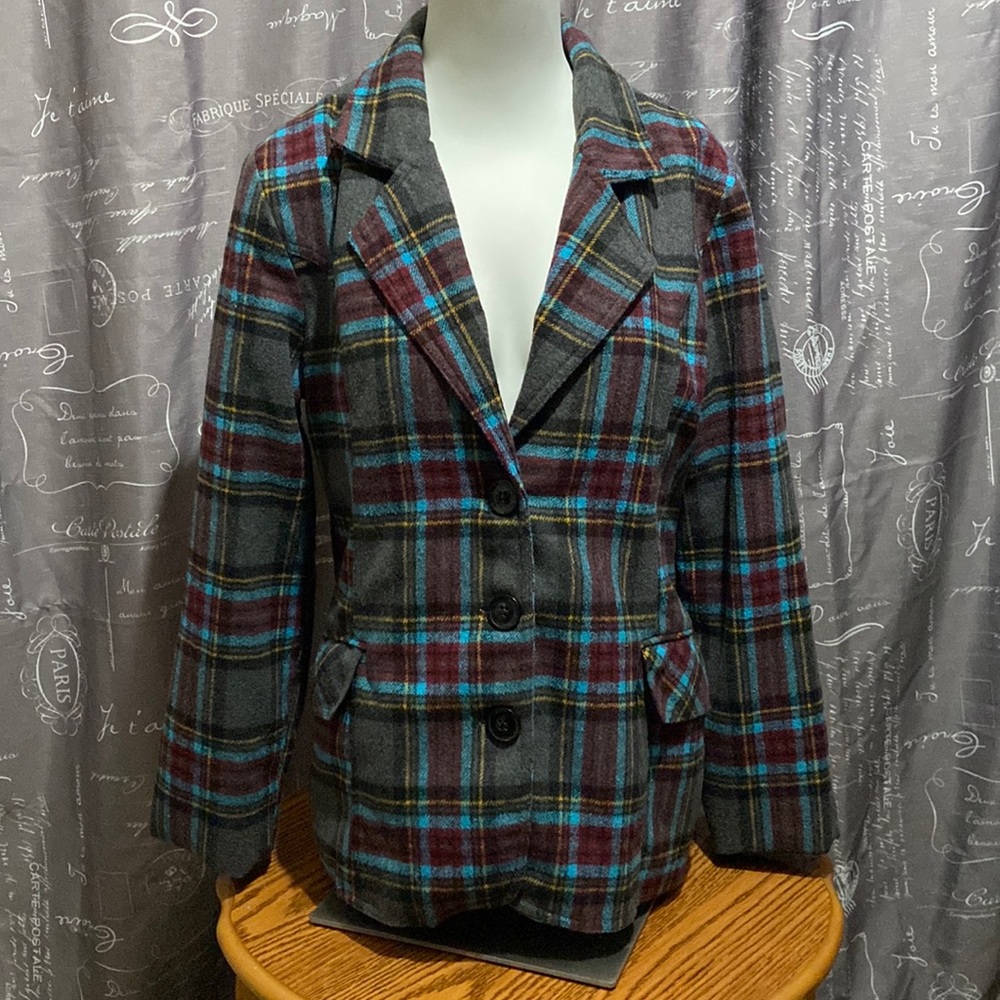 Wms Large multi color blazer Black, grey, turquoise, plum by Dollhouse.